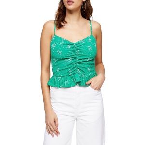 TOPSHOP Green Ruched Floral Cropped Camisole